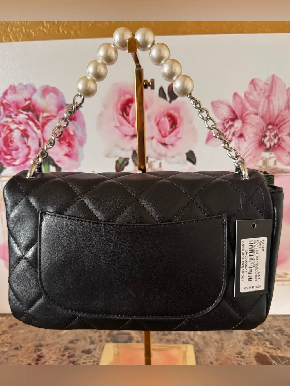 Badgley Mischka Black Quilted Shoulder Bag with Pearl Bead Handle NWT